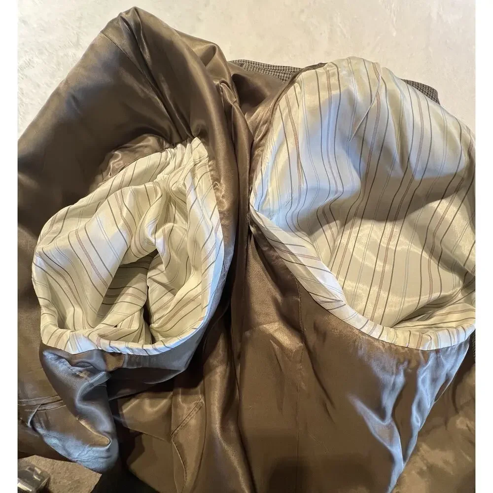 Ralph Lauren LRL 48L Tan Brown Houndstooth Silk Wool Blazer Sport Jacket
